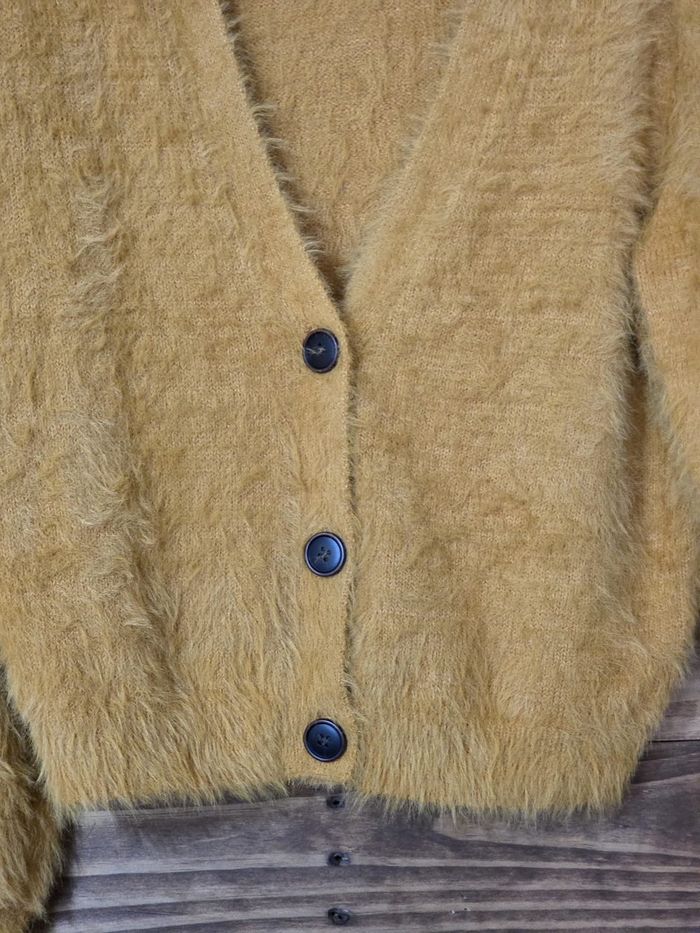 If It Were Me Women's S Mustard Fuzzy Eyelash Knit V-Neck Button Cardigan - Picture 3 of 6
